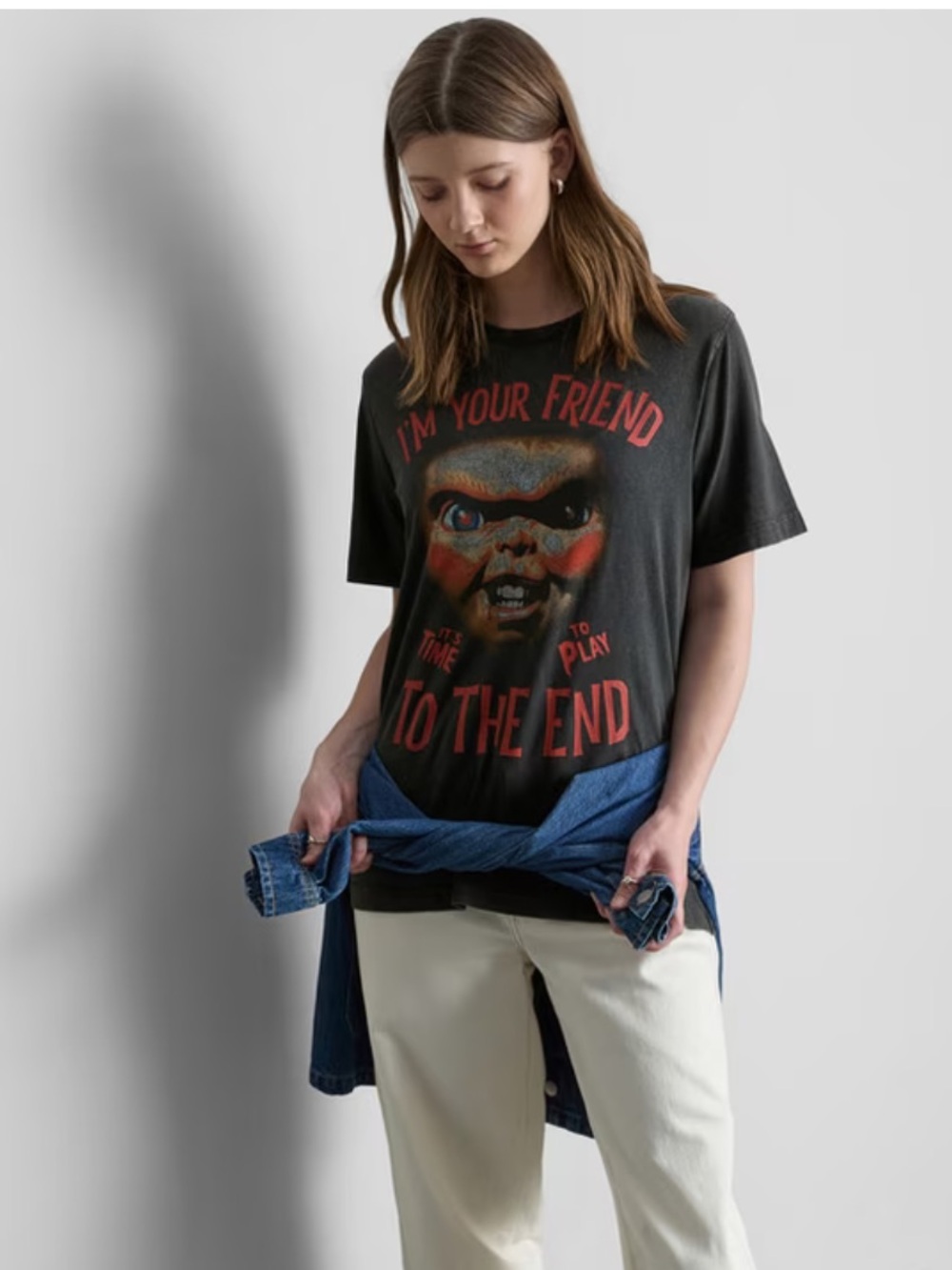 Chucky Graphic Crewneck Tee washed black Hallloween Tshirt fandom horror